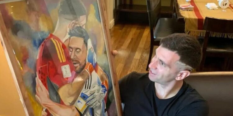 Dibu Martínez recibió una obra que pintó una artista de Lomas