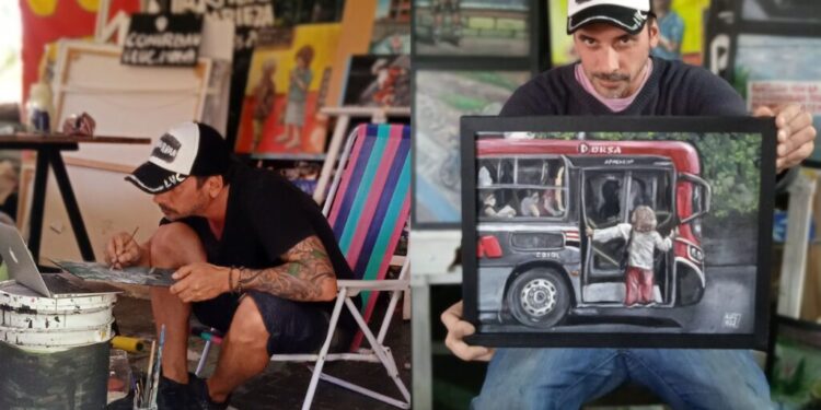 Un artista que pinta escenas bizarras del Conurbano presenta sus obras en Adrogué